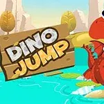 En röd dinosaurie med stora ögon hoppar över vatten med texten DINO JUMP bredvid