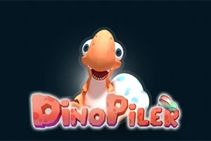 Tecknad dinosaurie med stort leende bredvid ett ägg och texten DinoPiler på mörk bakgrund