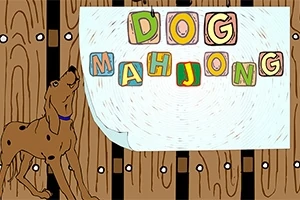 En tecknad hund står bredvid en skylt med färgglada bokstäver som bildar orden DOG MAHJONG på ett trästängsel