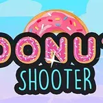 Texten Donut Shooter i rosa och blått med en tecknad munk i bakgrunden