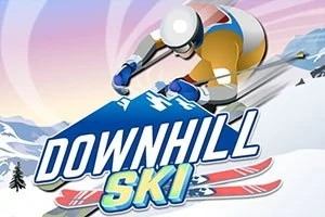 Tecknad skidåkare i färgglad dräkt som åker nerför en snötäckt backe med texten DOWNHILL SKI