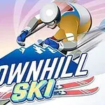 Tecknad skidåkare i färgglad dräkt som åker nerför en snötäckt backe med texten DOWNHILL SKI