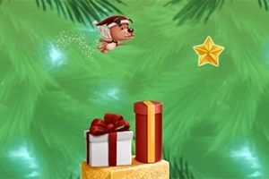 En tecknad hund med tomteluva svävar över julklappar och en gyllene stjärna på en grön bakgrund