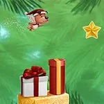 En tecknad hund med tomteluva svävar över julklappar och en gyllene stjärna på en grön bakgrund