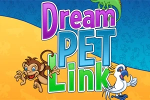 Texten “Dream Pet Link” i färgglada bokstäver med en tecknad apa och en papegoja