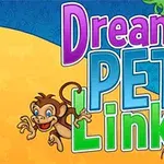 Texten “Dream Pet Link” i färgglada bokstäver med en tecknad apa och en papegoja