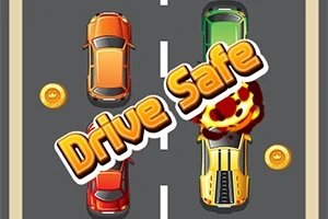 Två bilar krockar på en tvåfilig väg med texten Drive Safe över bilden, omgivna av gyllene mynt
