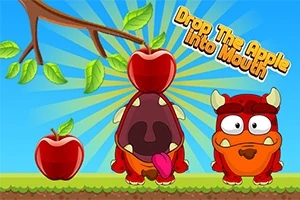 Två tecknade monster står på marken med ett äpple i mitten; det ena monstret med en stor öppen mun och texten Drop The Apple Into Mouth ovanför