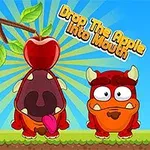 Två tecknade monster står på marken med ett äpple i mitten; det ena monstret med en stor öppen mun och texten Drop The Apple Into Mouth ovanför