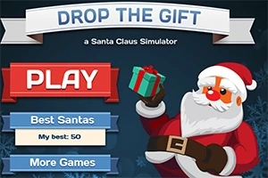 Jultomten håller en present med en stor PLAY-knapp och spelalternativ i en färgglad och tecknad stil