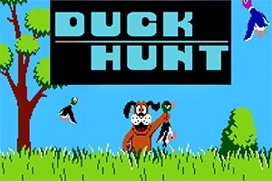 Hund står i gräs med en fågel i munnen, omgiven av träd och flygande ankor, med texten DUCK HUNT ovanför