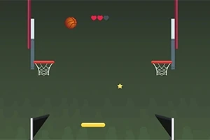 Två basketkorgar, en basketboll i luften, tre hjärtan och en gul stjärna mot en grön bakgrund