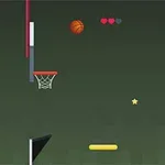 Två basketkorgar, en basketboll i luften, tre hjärtan och en gul stjärna mot en grön bakgrund