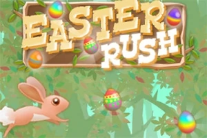 En tecknad kanin hoppar bland färgglada påskägg under en skylt med texten Easter Rush i en skogsmiljö
