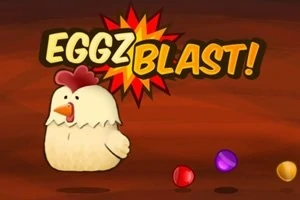 Tecknad kyckling med färgglada bollar och texten EGGZ BLAST!