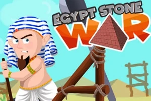 Tecknad, arg man i egyptisk kostym med blåvit randig huvudduk, står bredvid en stor katapult och pyramider i bakgrunden