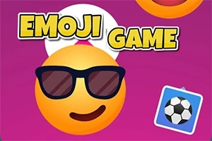 En glad emoji med solglasögon på en lila bakgrund tillsammans med texten EMOJI GAME och en ikon av en fotboll