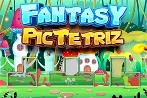 Färgglad fantasimiljö med stora svamphus och texten Fantasy PicTetrix i centrum