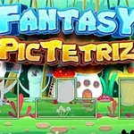 Färgglad fantasimiljö med stora svamphus och texten Fantasy PicTetrix i centrum