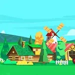 Tecknad bild av en lantgård med ett vindkraftverk, en röd traktor, ett stort hus och gröna omgivningar