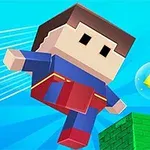 En pixelerad, kubikformad figur i blå och röd dräkt hoppar över en grön tegelblock med en svävande gul kristall i bakgrunden