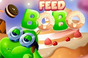 Tecknad grön karaktär med stora ögon, omgiven av kakor och en stor tårta i bakgrunden, med texten Feed Bobo