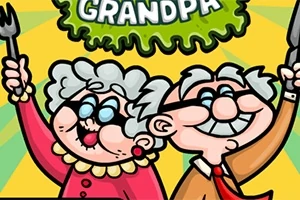 Tecknade figurer av en glad mormor och morfar som håller upp bestick mot en färgglad bakgrund