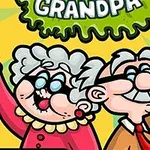 Tecknade figurer av en glad mormor och morfar som håller upp bestick mot en färgglad bakgrund