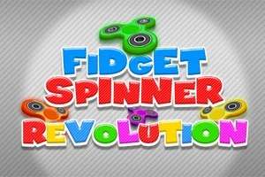 Färgglad text Fidget Spinner Revolution mot en bakgrund med fyra fidget spinners i olika färger