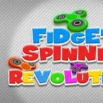 Färgglad text Fidget Spinner Revolution mot en bakgrund med fyra fidget spinners i olika färger
