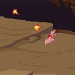 Pixelkonstbild med en rosa varelse på en brun, bergig bakgrund och flygande eldsflammor