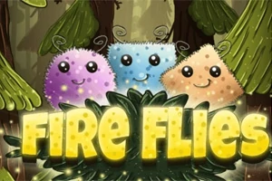 Färggranna, glada varelser med glittrande ögon står framför skogsbakgrund, med texten FIRE FLIES i lysande bokstäver nedanför