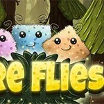 Färggranna, glada varelser med glittrande ögon står framför skogsbakgrund, med texten FIRE FLIES i lysande bokstäver nedanför