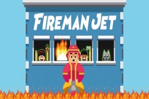 Brandman i pixelgrafik framför en byggnad med eld i fönstren och texten Fireman Jet högst upp