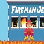 Brandman i pixelgrafik framför en byggnad med eld i fönstren och texten Fireman Jet högst upp