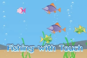 Färgglada tecknade fiskar simmar i havet över sjögräs med texten Fishing with Touch