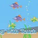 Färgglada tecknade fiskar simmar i havet över sjögräs med texten Fishing with Touch