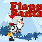En tecknad tomte med en raket på ryggen flyger över ett vintrigt landskap med en rosa ballong och ett paket