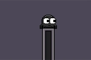 En pixelkonstbild av en svart, rund figur med stora vita ögon som sitter på en hög, smal pelare mot en mörk bakgrund