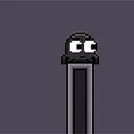 En pixelkonstbild av en svart, rund figur med stora vita ögon som sitter på en hög, smal pelare mot en mörk bakgrund