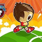 En tecknad figur som spelar fotboll på en färgglad bakgrund med en fotboll i luften