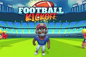 Amerikansk fotbollsspelare i tecknad stil på en grön gräsplan med stadion och texten Football Kickoff i bakgrunden