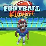 Amerikansk fotbollsspelare i tecknad stil på en grön gräsplan med stadion och texten Football Kickoff i bakgrunden