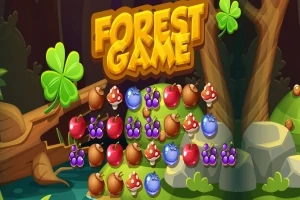 Tecknad skogsmiljö med ordet Forest Game och rader av färgglada bär och svampar