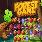 Tecknad skogsmiljö med ordet Forest Game och rader av färgglada bär och svampar