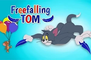 En tecknad katt flyger genom luften med två blå fjädrar, medan en mus med färgglada ballonger svävar bredvid