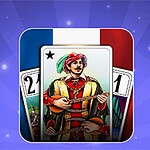 En spelkortsillustration med en medeltida man i färgglada kläder framför en bakgrund i de franska färgerna och spelkortssiffror