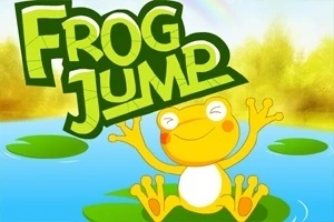 En glad gul groda hoppar på näckrosblad framför en livfull bakgrund med texten FROG JUMP i grön stil