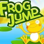En glad gul groda hoppar på näckrosblad framför en livfull bakgrund med texten FROG JUMP i grön stil