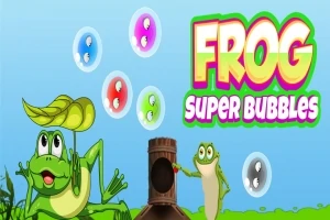 Tecknade grodor med bubblor och texten Frog Super Bubbles mot en blå bakgrund